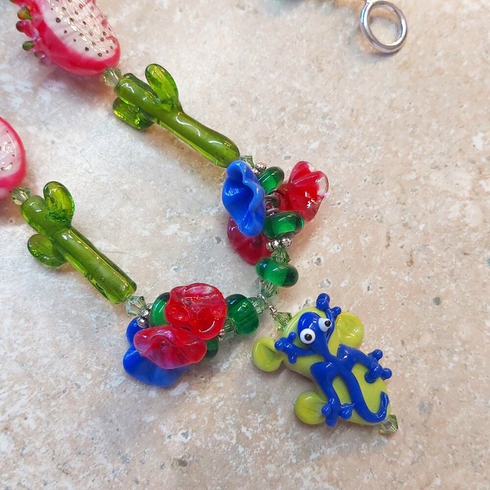OOK Lizard, dragonfruit,kiwi, cactus lampwork glass bead necklace